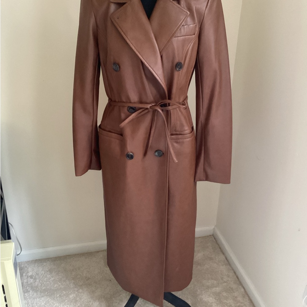 Avec Les Filles Brown Double-Breasted Leather Trench Coat